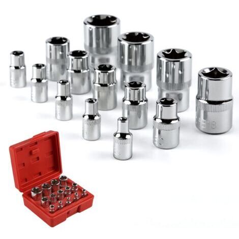 Douilles étoiles, 14 douilles étoiles E-Torx femelles Coffret de Douille Torx en Forme Etoile en Cr-V acier, 3 Spécifications 1/4", 3/8", 1/2", avec Boîte Pratique