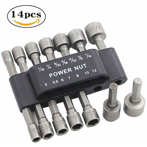 Douilles pour Tourne-Écrous 14 Pièces 1/4” Forets pour Pilote Hexagonal Outils de Douille Tige Setter Noix Tête Hexagonale Embout de Tournevis Écrou Percussion pour Perceuses Clé Vis Mandrin，HANBING