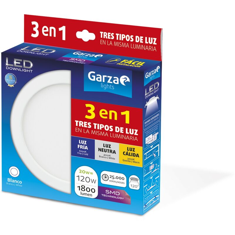 

Garza - downlight led de superficie para techo 3 en 1 con acabado redondo y blanco.