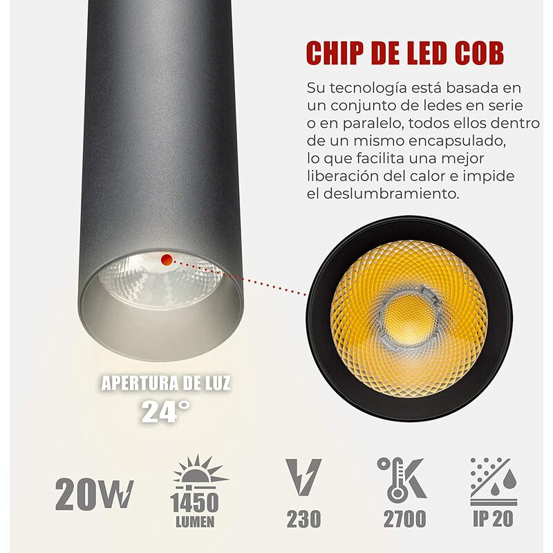 

Downlight Suspendido LED Lampara Colgante techo 20W 1450Lm Negro 4500K IP20 COB CRI80 AC-230V|AVANCE LED