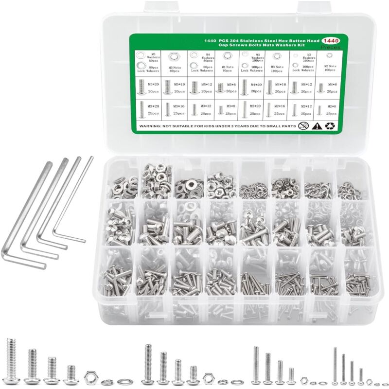 1440 pcs Boulons et Écrous, 304 Acier Inoxydable Vis à Six Pans Ronde M2 M3 M4 M5 Vis à Tête Cylindrique Hexagonale Socket et Écrous Hexagonaux Kit