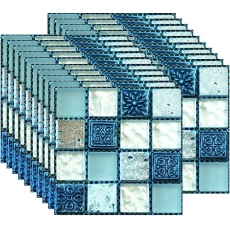 Dpzo – Lot de 20 autocollants carrelage 10 x 10 cm – Résistant à la chaleur et à l'eau – Pour cuisine et salle de bains – Mosaïque bleu