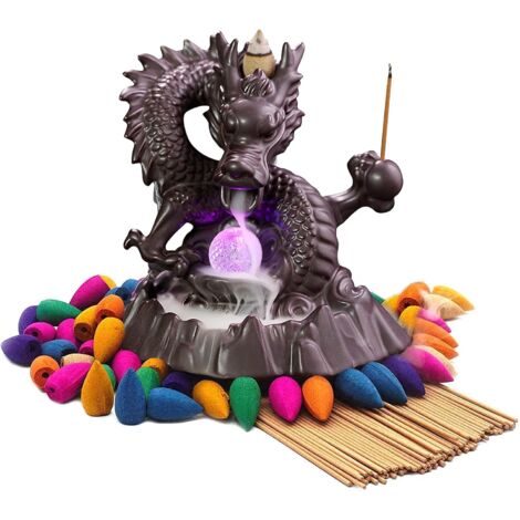 QIEDIE Drachen-Räuchergefäß mit farbwechselnder Kristallkugel, Rückfluss-Räucherkegeln, Räucherstäbchen für Raumdüfte und Ornamente