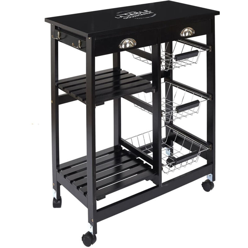 DRAGAN - Desserte à Roulettes Noire Multi-Rangement