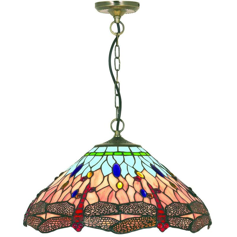 Searchlight Dragonfly - 1 Light Ceiling Pendant Antique Brass, Blue, Dragonfly Tiffany Glass, E14