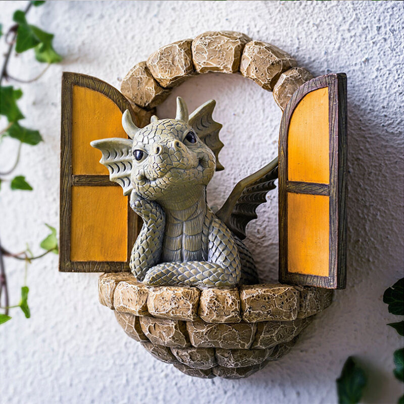 Xinuy - Dragon Garden Ornement Résine Artisanat Ornement Statue Porte Fée pour mur Porte Fée Yard art extérieur et jardin Lumière Solaire Lumineux