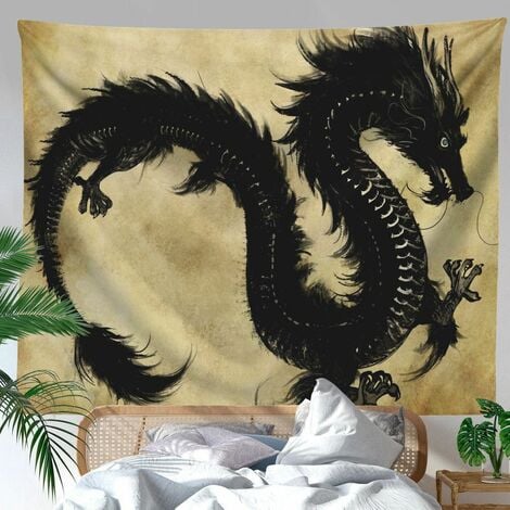 Dragon Tapisserie Noir Animal Légendaire Ancien Chinois Tenture Murale pour Salon Chambre Dortoir Murale Décoration,Fête Contexte,150x100cm