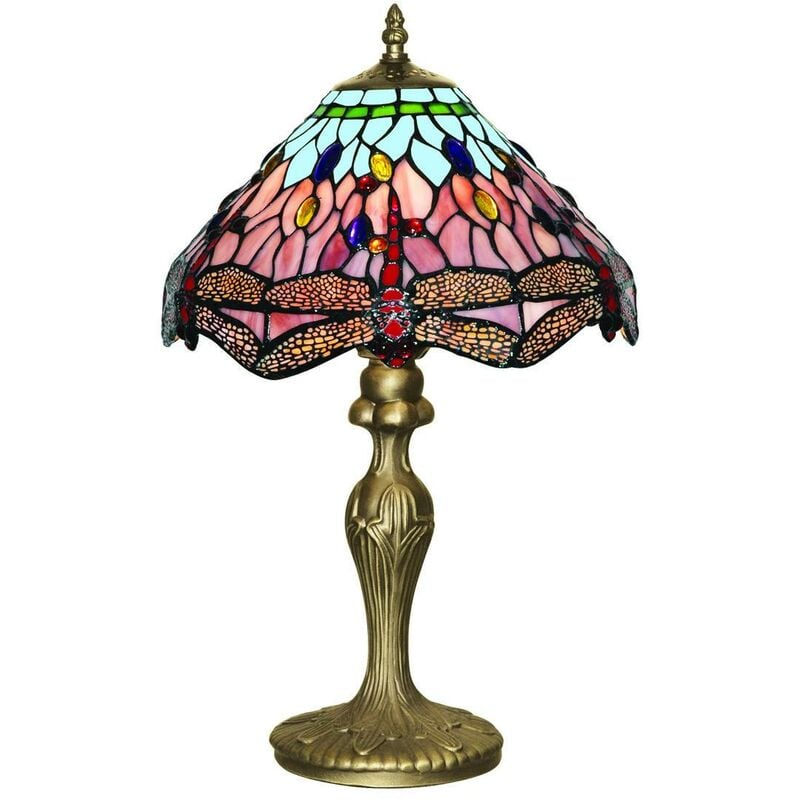 Dragonfly - 1 Light Table Lamp Antique Brass, Tiffany Glass, Red, Blue, E27 - Searchlight