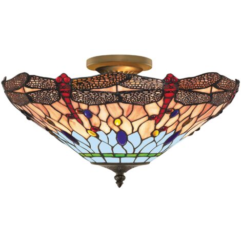 DRAGONFLY 1LT Plafonnier Laiton antique, verre multicolore TIFFANY E14 max 3x60w Diam 42cm