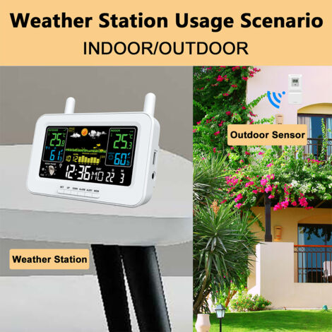 Drahtlose Wetterstation für drinnen und draußen – Temperatur- und Feuchtigkeitsüberwachung – Farb-LCD-Display mit Wettervorhersage, Außensensor, Wecker, Uhr und einstellbarer Helligkeit – Schwarz/Weiß