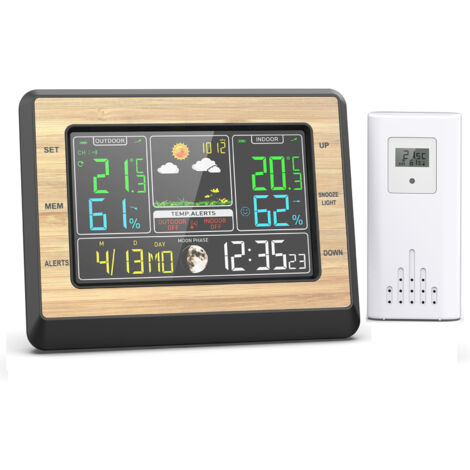 Drahtlose Wetterstation, Innen-/Außenthermometer, 6-Zoll-Farbbildschirm, digital, mit Vorhersage, Temperatur, Luftfeuchtigkeit, Zeit, Datumsanzeige, Mondphasenalarm, einstellbarer Hintergrundbeleuchtu