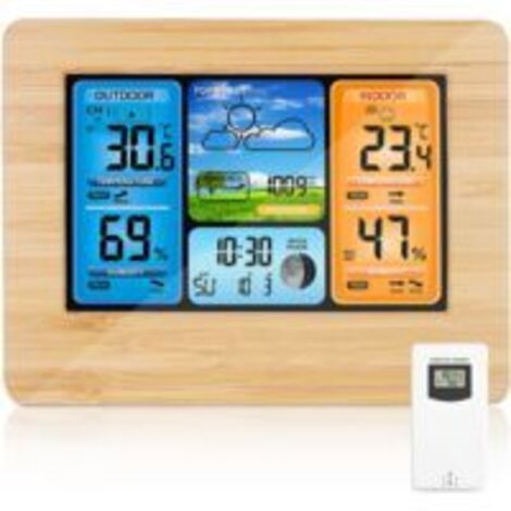 Drahtlose Wetterstation mit digitaler Farbanzeige, Wettervorhersage, Warnmeldungen, Temperatur-/Luftfeuchtigkeits-/Barometer-/Wecker-/Monduhr-/Wetteranzeige mit Außensensor