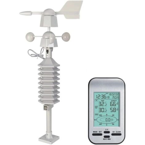 Drahtlose Wetterstation mit Schwarzweiß-Display, ohne WLAN. Misst die Windgeschwindigkeit in mehreren Einheiten, LCD-Display.