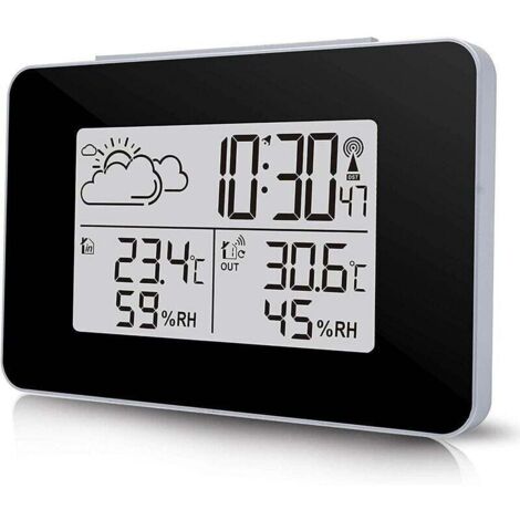 Drahtlose Wetterstation, multifunktionale digitale Wetteruhr mit Außenwetteranzeige/Temperaturanzeige/Luftfeuchtigkeitsanzeige/Hintergrundbeleuchtung/Schlummerfunktion (Schwarz)
