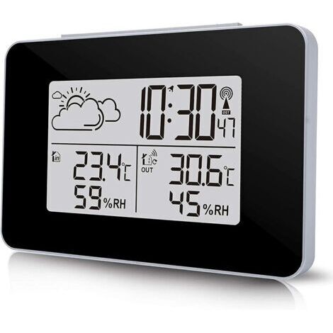 Drahtlose Wetterstation, multifunktionale digitale Wetteruhr mit Außenwetteranzeige/Temperaturanzeige/Luftfeuchtigkeitsanzeige/Hintergrundbeleuchtung/Schlummerfunktion (Schwarz)