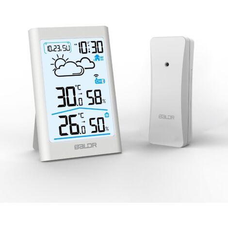 Drahtloses Wetterstationsgerät für drinnen und draußen mit Temperatur- und Luftfeuchtigkeitsmessung, großem LCD-Bildschirm, Wettervorhersage und elektronischem Wecker (Weiß)