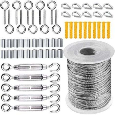 Drahtseil-Set, Gartenseilspanner aus Stahl, Edelstahl-Aufhängeseil-Set, 50 m nylonummanteltes Edelstahlseil für Wäscheleinen, Zeltseil, 56-teilig