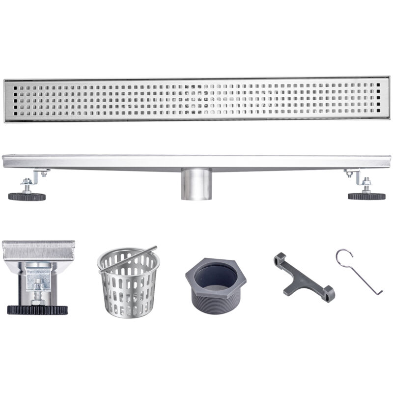 Mophorn - Drain de douche linéaire 610 mm avec grille à motif carré, drain de sol de douche rectangulaire en acier inoxydable brossé 304, drain