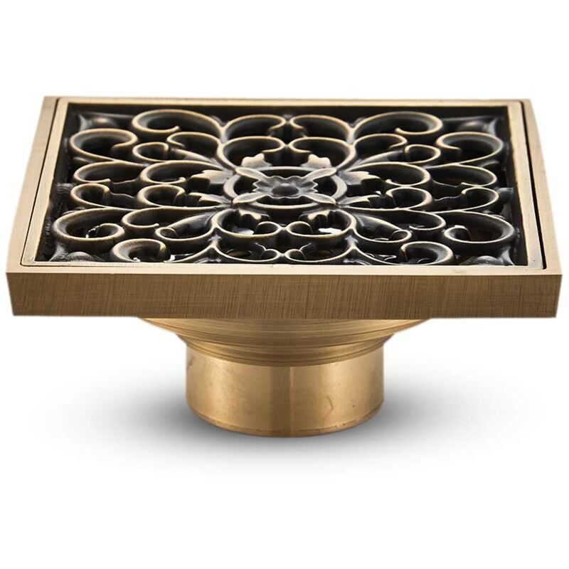 Aougo - Drain de Plancher de Salle de Bain en Laiton - Anciennes Drain de Douche Carré Unique Fleur Sculptée pour Toilettes Jardin 10 10 cm npterbl