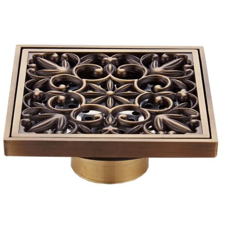 Drain de Plancher de Salle de Bain en Laiton - Anciennes Drain de Douche Carré Unique Fleur Sculptée pour Toilettes Jardin 10 x 10 cm 7