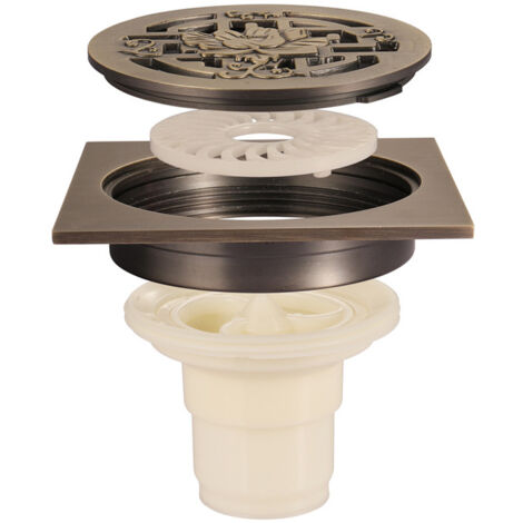 Drain de sol de salle de bain en bronze – Drain de sol de douche carré unique et antique avec fleurs gravées – Drain de sol de jardin 100 × 100 mm