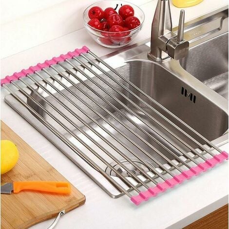 1pc Stainless Steel Dish Drying Rack, Kitchen Sink Countertop Drainer  Basket, Foldable Roll-up Drying Mat, Antimicrobial Silicone Dish Rack  Organizer