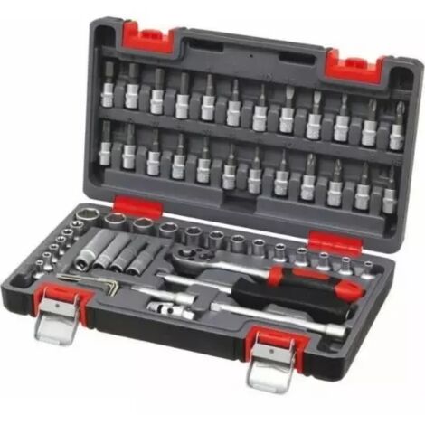 Drakkar Equipement – Coffret multi-outils 56 pièces – 1 cliquet 1/4' réversible – 24 embouts variés – Douilles pour vis et boulons – Rallonges 50 et 100 mm
