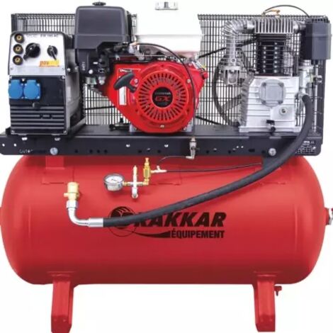 Drakkar Equipement – Compresseur thermique essence 230L 12CV – Moteur monocylindre 4 temps OHV – Pression max 12 bar – Débit 450 l/min – Pour chantiers humides