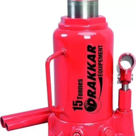 Drakkar Equipement – Cric bouteille hydraulique 15T – Construction en fonte – Valve de sécurité – Dimensions 205x125x390mm – Poids 7kg