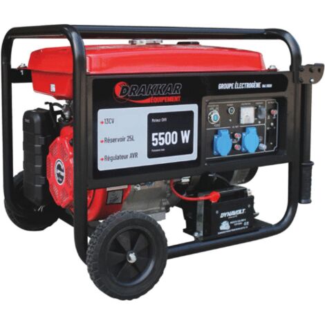 Drakkar Equipement – Groupe électrogène AVR monophasé essence 5500W 13CV démarrage électrique – Moteur 4 temps – Régulateur AVR – 2 prises 16A – 25L réservoir