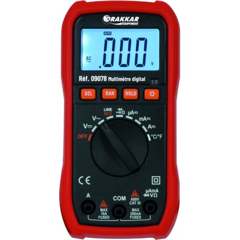 Drakkar Equipement – Multimètre digital automatique – Sonde température – Écran LCD rétroéclairé – Tension 600V – Courant 10A – Test diode et continuité