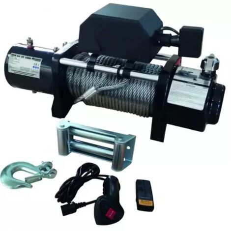 Drakkar Equipement – Treuil électrique 4,3 tonnes – 12V – 4000W – Longueur câble 28m – Commande à distance 3,7m – Pour chantiers humides