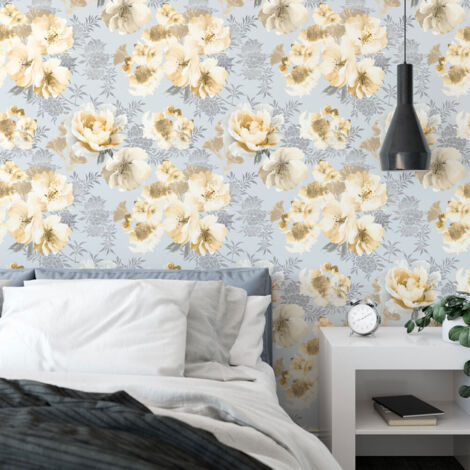 Dramatic Floral Wallpaper Catherine Lansfield Yellow Grey Flower