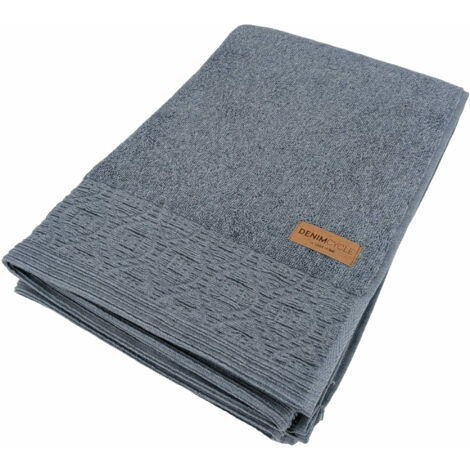 Drap de bain pur coton 100x150cm DENIM à bordure géométrique bleu