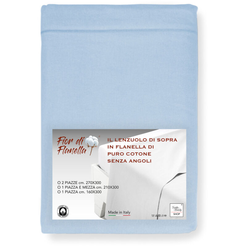 Drap de dessus en flanelle ajustée bleu clair - Pur coton doux Fabriqué en Italie Pour matelas maxi et surdimensionnés Cm. 160x300