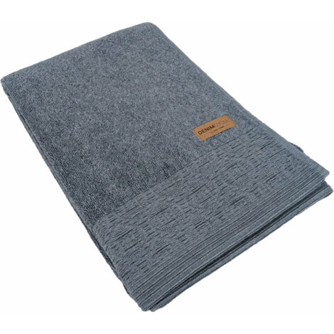 Drap de douche pur coton 70x140cm DENIM à bordure géométrique bleu