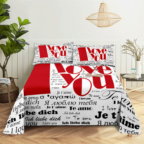 Drap de lit avec lettres d&39amour, imprimé numérique, en Polyester, avec taie d&39oreiller, pour la maison,1,110X230cm(2Pcs),FEUILLE PLATE