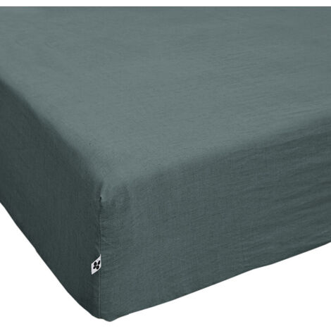 Drap housse 160 x 200 x 30 cm en lin lavé bleu - LUISA
