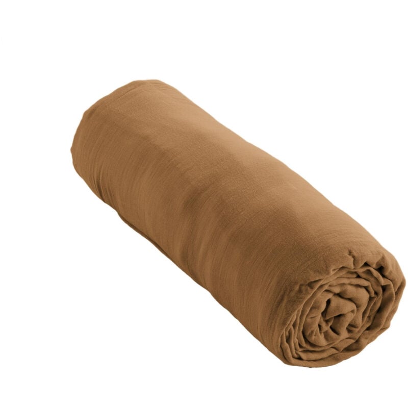 L'effet Papillon - Drap Housse Double Gaze de Coton Camel – 200 x 200 cm – Bonnet 30 cm