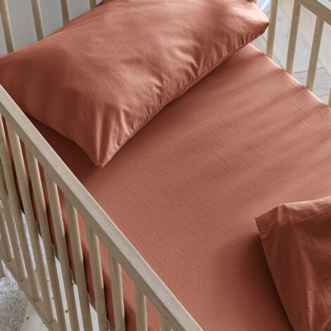 Drap housse bébé coton lavé - SOMEO Terracotta 70x140