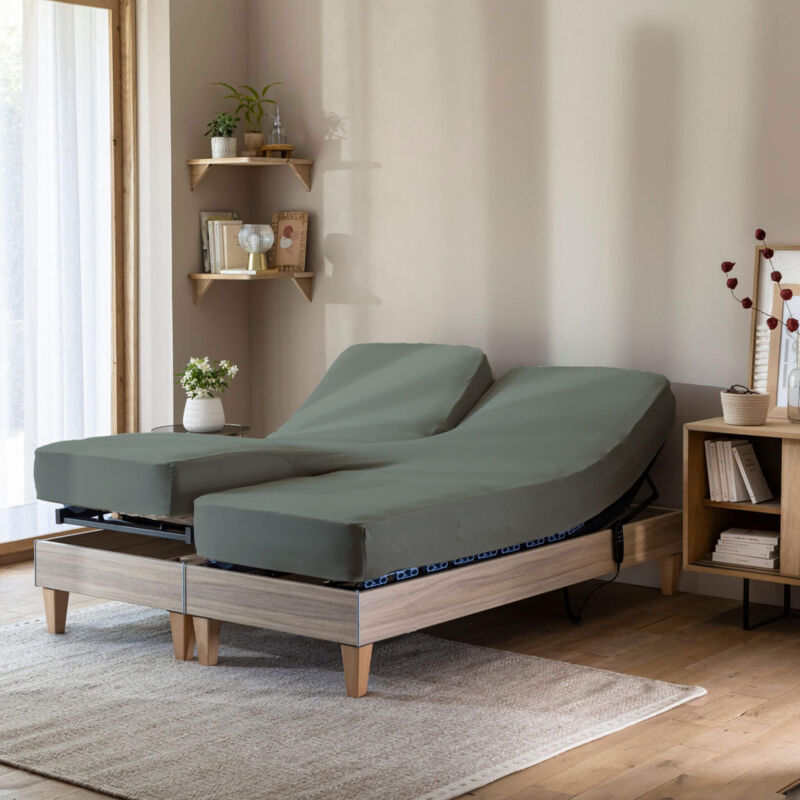 Terre De Nuit - Drap housse vert lichen pour lit articulé jersey extensible 2x70x190