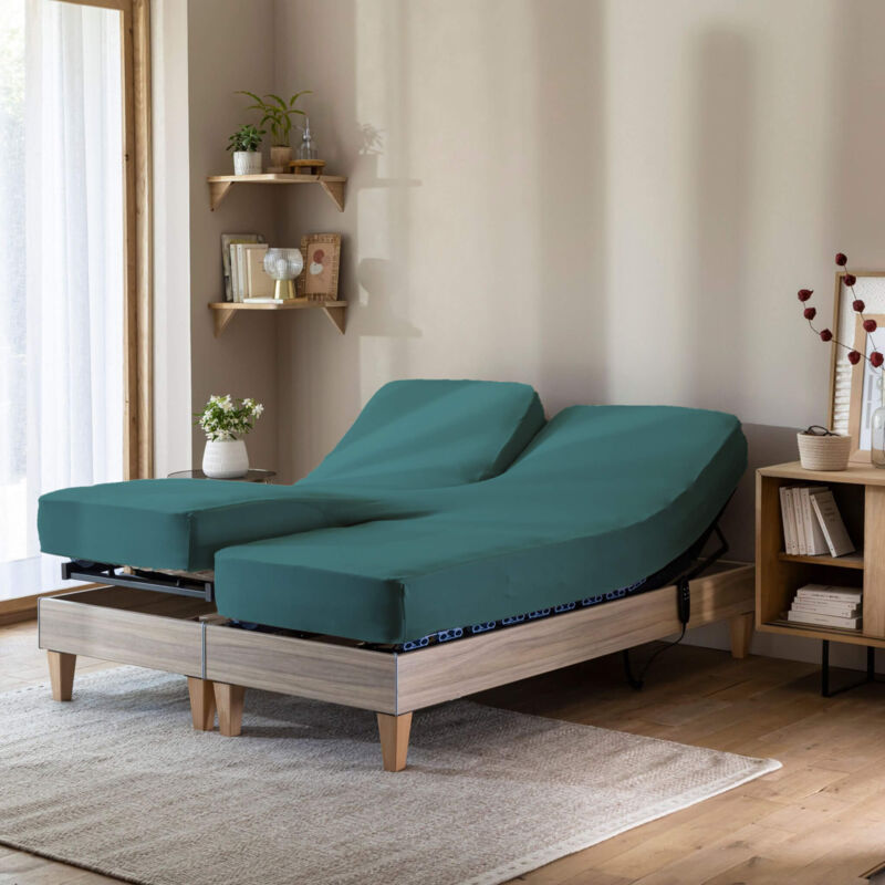 Terre De Nuit - Drap housse émeraude pour lit articulé jersey extensible 2x70x190