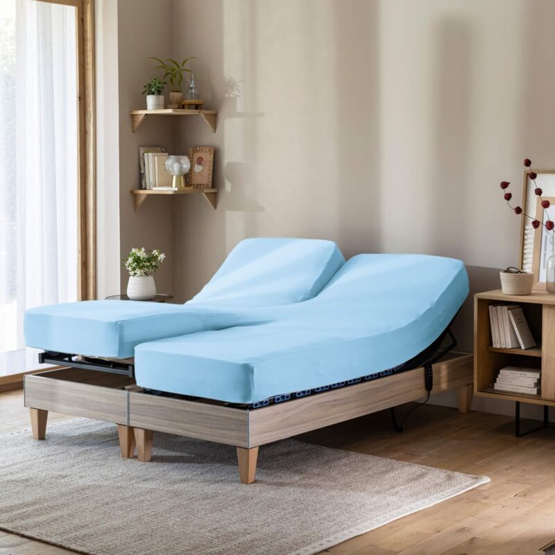 Terre De Nuit - Drap housse bleu ciel pour lit articulé jersey extensible 2x80x200