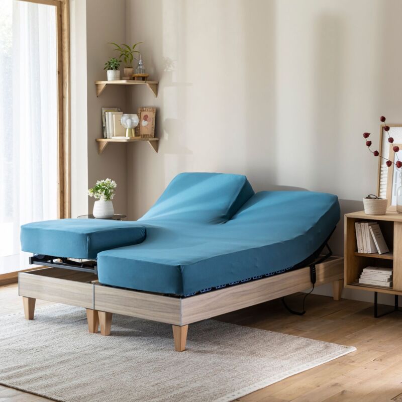 Drap housse bleu canard pour lit articulé jersey extensible 2x80x200