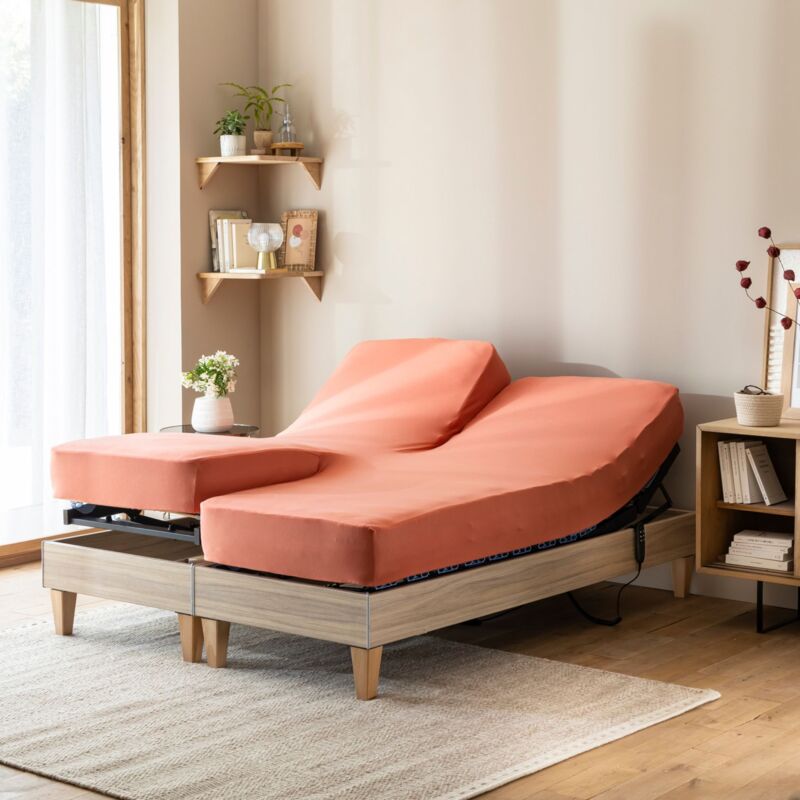 Terre De Nuit - Drap housse orange terracotta pour lit articulé jersey extensible 2x90x200