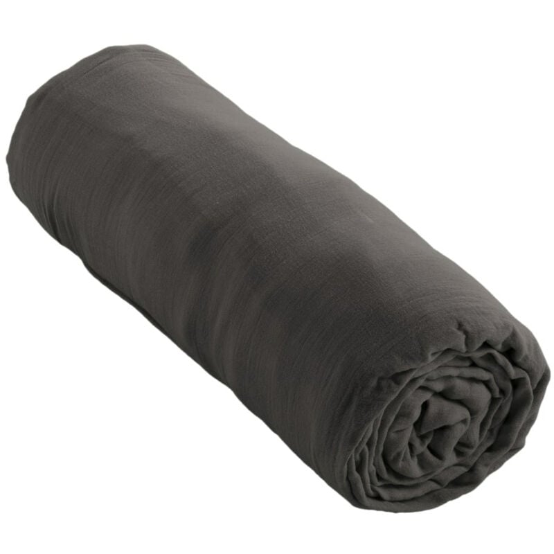 L'effet Papillon - Drap housse bonnet 30 cm double gaze de coton 160 x 200 cm granit (dark grey) Anthracite
