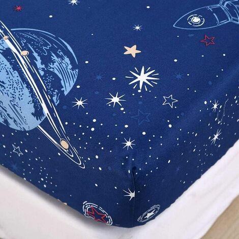 Drap Housse Cartoon Impression Antidérapants Housse De Matelas, 100% Polyester Confortable Respirant Drap-Housse Poche Profonde 30cm - Résistant Rides (Bleu Espace,90x200x30cm)