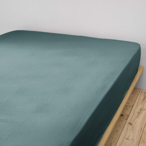 Drap housse double gaze de coton bleu canard 90x190