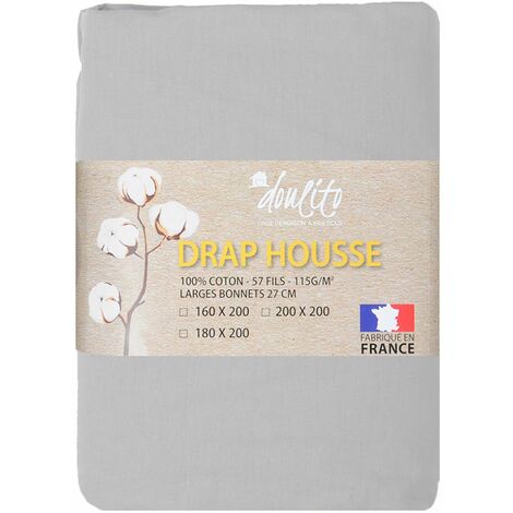 Drap housse Doulito - 180x200 cm - Made in France - Coton - Gris