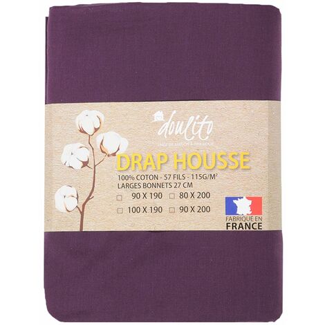 Drap housse Doulito - 90x200 cm - Made in France - Coton - Prune